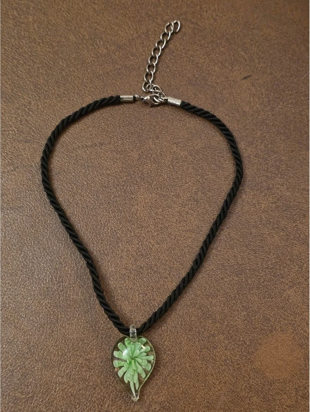 Murano Style Art Glass Teardrop Floral Pendant Necklace Black Cord Green Flower